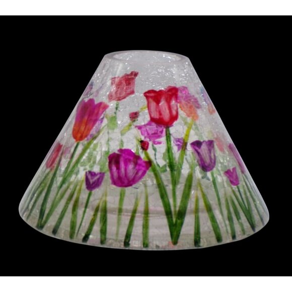 Yankee Candle Tulips Butterflies Ladybugs Crackle Glass Handpainted Topper Shade - Picture 1 of 5